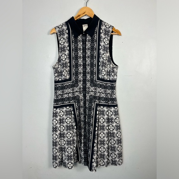 Ali Ra 12 Dress Silk Black White Geometric Collar Button Sleeveless - Picture 1 of 8